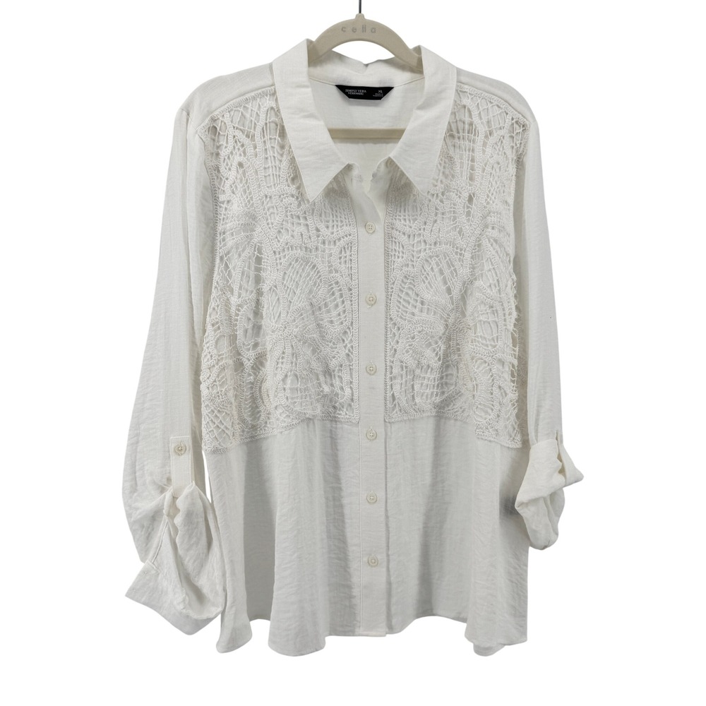 Simply Vera Vera Wang Lace Blouse Womens XL Whiteβ Crochet Roll Tab Sleeve Boho